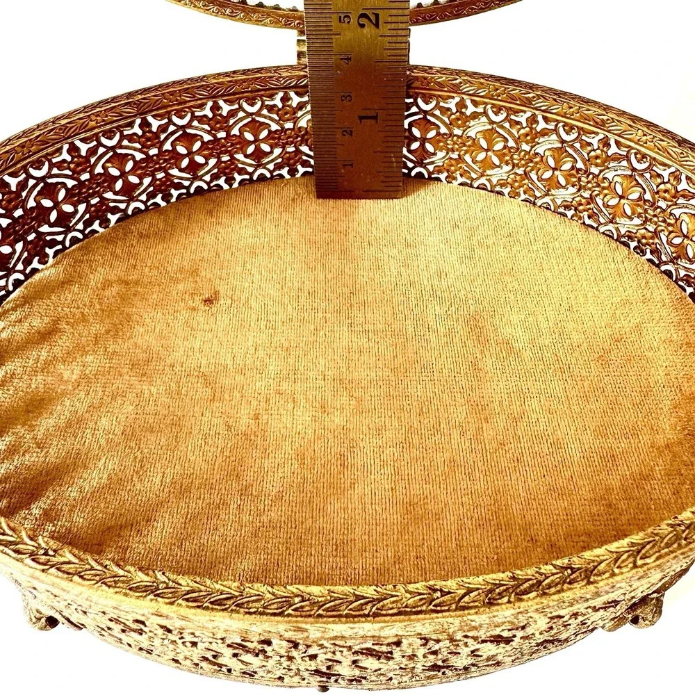 VTG Hollywood Regency Jewelry Box Ormolu Casket Gold Filigree Glass Oval Velvet